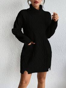 SHEIN LUNE Áo cao cổ Túi Kép Viền chia cắt Đầm Áo len - màu đen - Xem 3