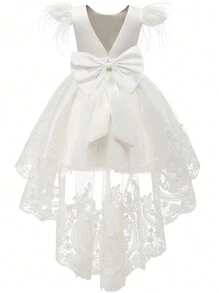 Young Girl Contrast Lace High Low Hem Gown Dress - White - View 2