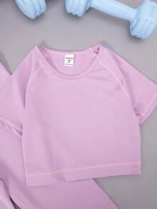 SHEIN 女大童素色插肩袖運動T恤和緊身褲 - 紫色 - 查看 4