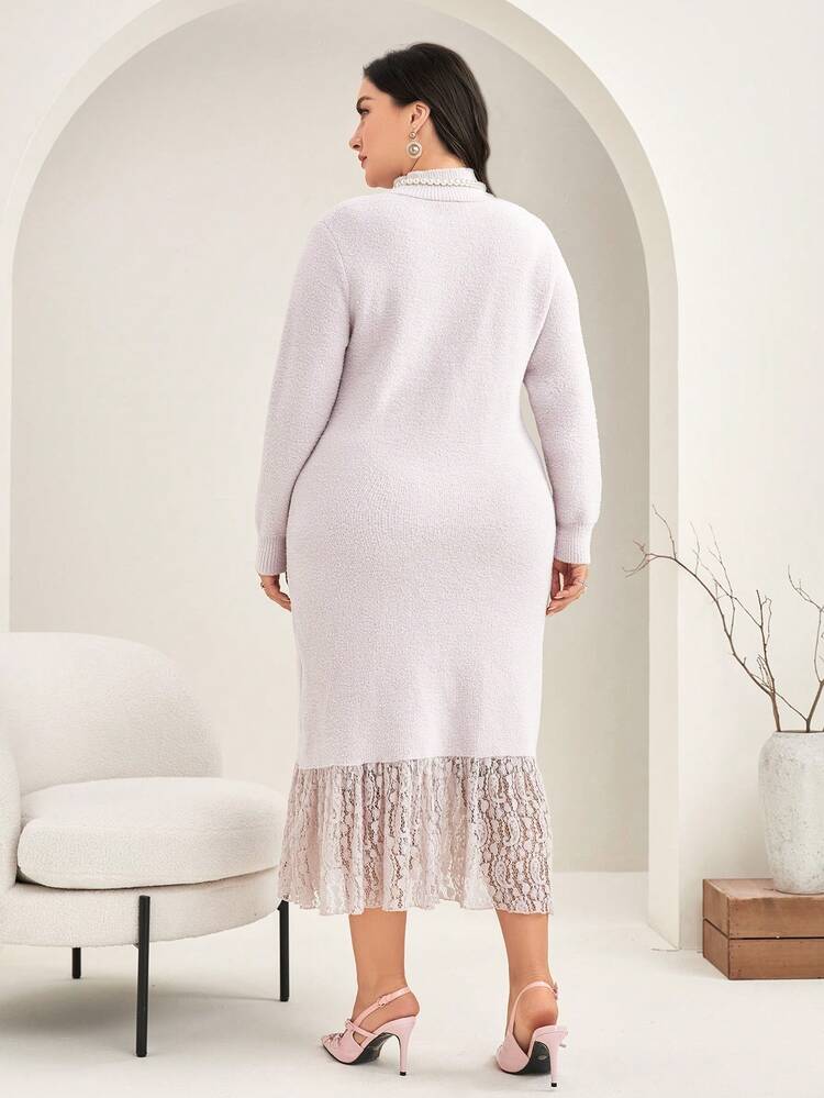Plus Turtleneck Lace Hem Sweater Dress