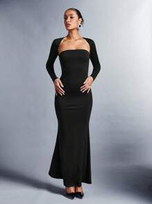 SHEIN BAE Solid Tube Dress With Bolero - Black - View 5