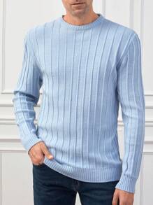 RueChic Men Solid Ribbed Knit Sweater - Blue - View 4
