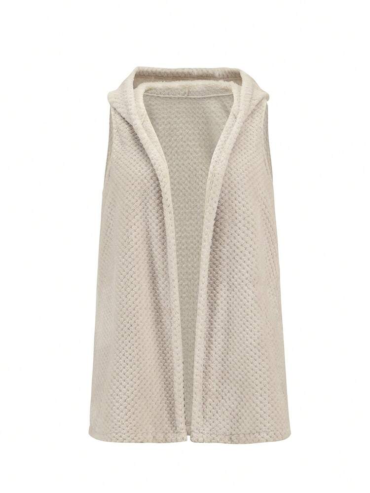 Plus Solid Hooded Open Front Vest Coat