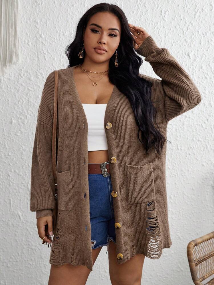 Plus Dual Pocket Distressed Drop Shoulder Cardigan