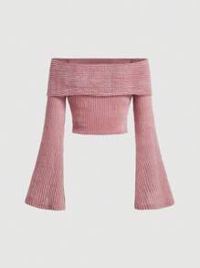 SHEIN MOD Foldover Off Shoulder Trumpet Sleeve Crop Tee - Pink - View 2