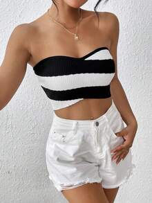 SHEIN Essnce Hai âm Mùa vụ Ống Knit ngọn - Đen và trắng - Xem 2