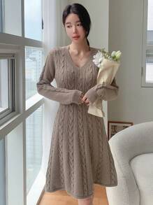 DAZY 纯色粗针织毛衣裙，秋季女装 - 咖啡棕 - 查看 6