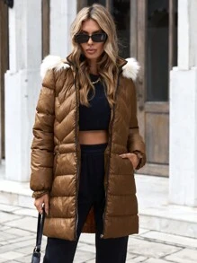 RueChic Women'S Hooded Padded Jacket With Collar - Brown - View 6