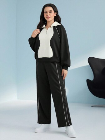 Mulvari Plus Colorblock Half Zip Raglan Sleeve Sweatshirt & Pants 2 Piece Set