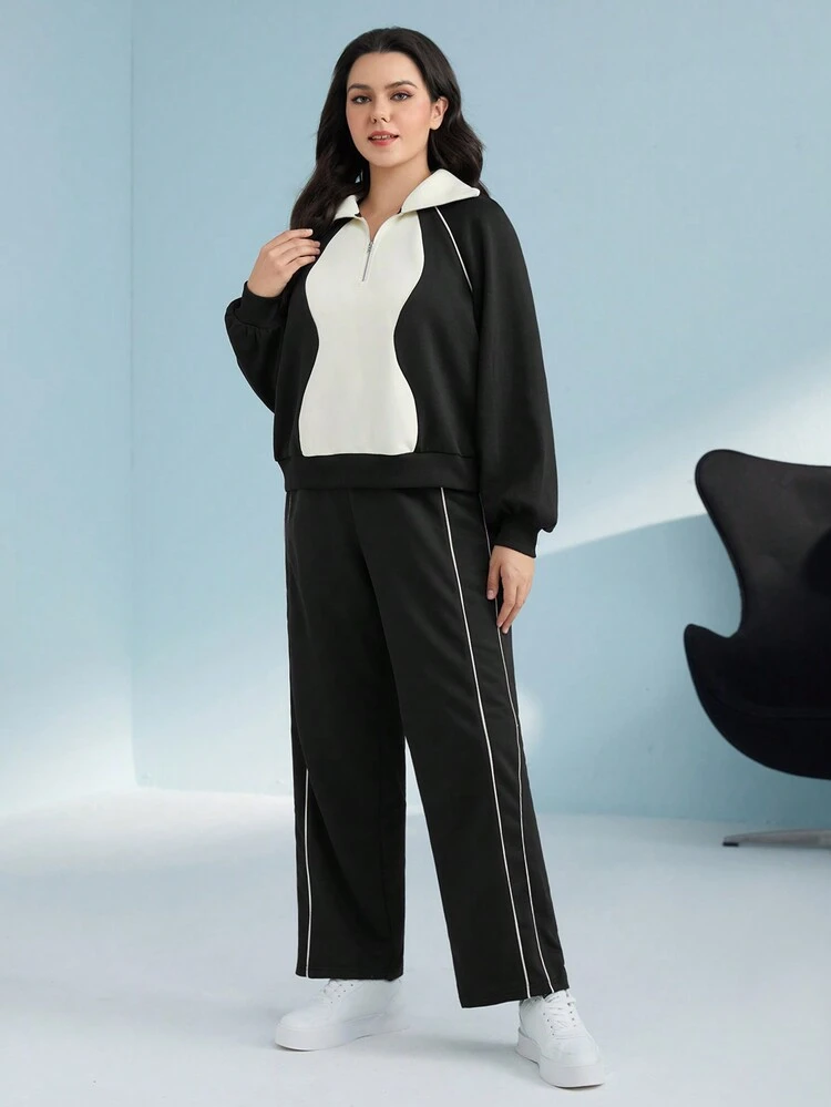 Plus Colorblock Half Zip Raglan Sleeve Sweatshirt & Pants 2 Piece Set