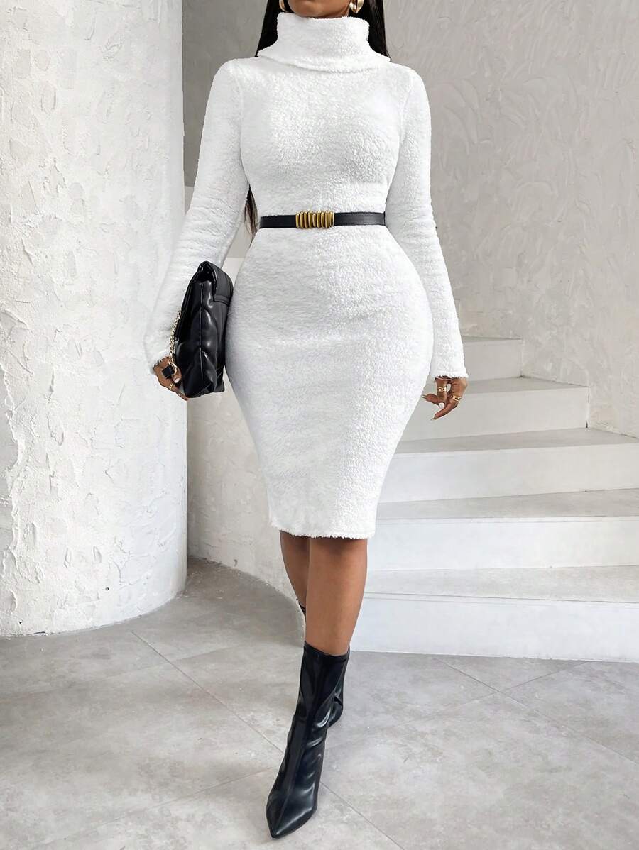 VaVaBold Vestido maxi de cuello alto de franela ajustado para mujer - Albaricoque - Ver 1