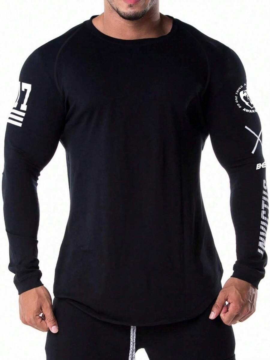 Manfinity Sport Corelite Boyfriend-Stil Herren Langarm-Shirt mit Buchstaben-Grafik, Sport-Tee, Grafik, Kompression, Fitness, schlicht anliegendes Shirt mit Rundhalsausschnitt für den Herbst