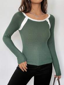 SHEIN EZwear 撞色滾邊插肩袖T恤 - 綠色 - 查看 6