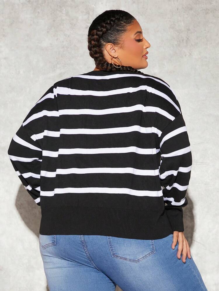 Plus Striped Pattern Heart Embroidery Drop Shoulder Sweater