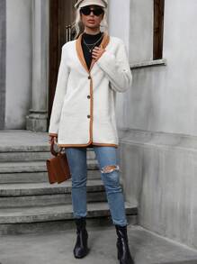 SHEIN Unity Teddy Mantel mit Kontrastsaum, Knopf vorne, ohne Gürtel - Weiss - Übersicht 5
