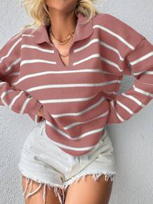Cloudara Striped Pattern Drop Shoulder Sweater - Pink - View 3