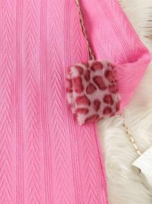 SHEIN Tween Girl Leopard Pattern Fuzzy Trim Hooded Dress