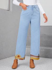 SHEIN LUNE Sun Print Wide Leg Jeans - Light Wash - View 3