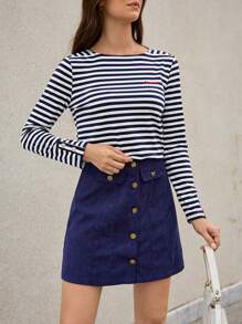 SHEIN Frenchy Embroidery Detail Striped Print Tee & Flap Button Front Skirt Winter Casual Blue - Navy Blue - View 1