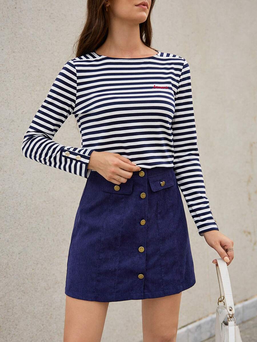 SHEIN Frenchy Embroidery Detail Striped Print Tee & Flap Button Front Skirt Winter Casual Blue - Navy Blue - View 1