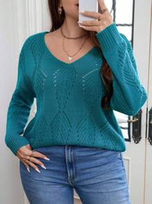 Celure Plus Pointelle Knit Drop Shoulder Sweater - Green - View 6