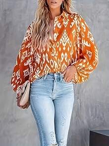 Plus Allover Print Lantern Sleeve Shirt - Orange - View 4