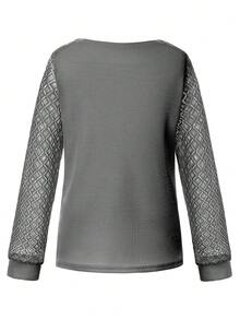 Tween Girl Contrast Lace Raglan Sleeve Tee - Grey - View 2