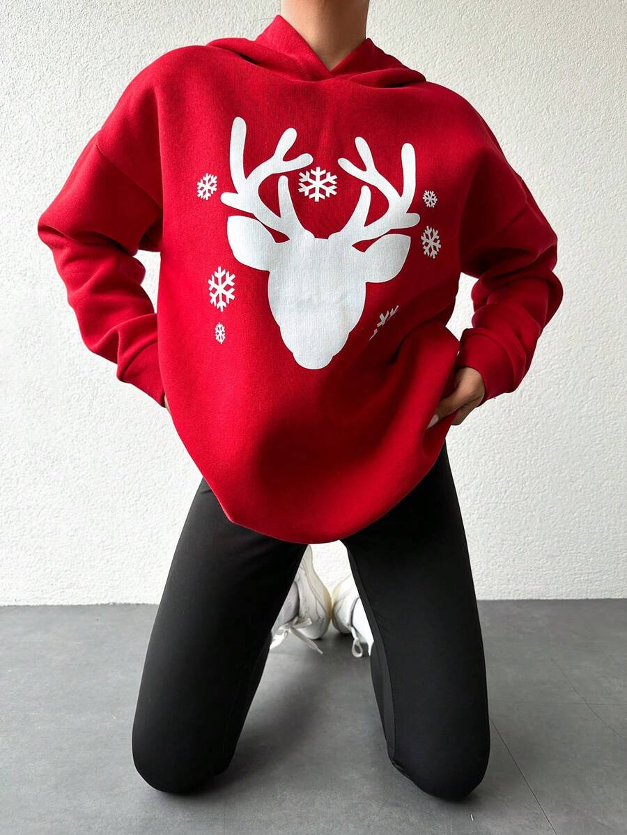 EURMUSE Christmas Elk Print Drop Shoulder Hoodie - Red - View 1