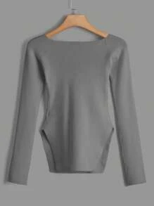 EURMUSE Sweetheart Neck Split Hem Ribbed Knit Sweater - Grey - View 2