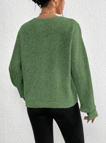 SHEIN Frenchy 前扭結落肩袖套頭毛衣 - 綠色 - 查看 2