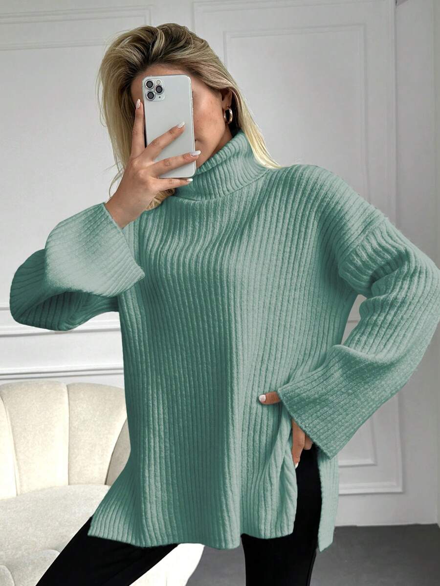 EURMUSE Turtleneck Drop Shoulder Split Hem Sweater - Mint Green - View 1