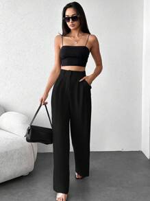 EURMUSE Solid Slant Pocket Wide Leg Suit Pants - Black - View 3