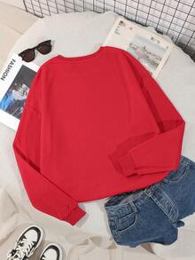 SHEIN Essnce 標語圖案加絨內裏運動衫 - 紅色 - 查看 2