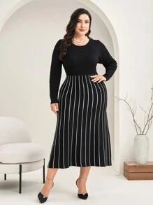 Modelyn Plus Striped Pattern Sweater Dress - Black - View 3