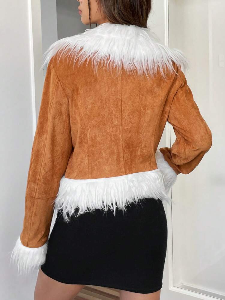 Fuzzy Trim Open Front Jacket
