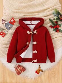 SHEIN 男童粗呢鈕扣前連帽開衫 - 酒紅色 - 查看 1