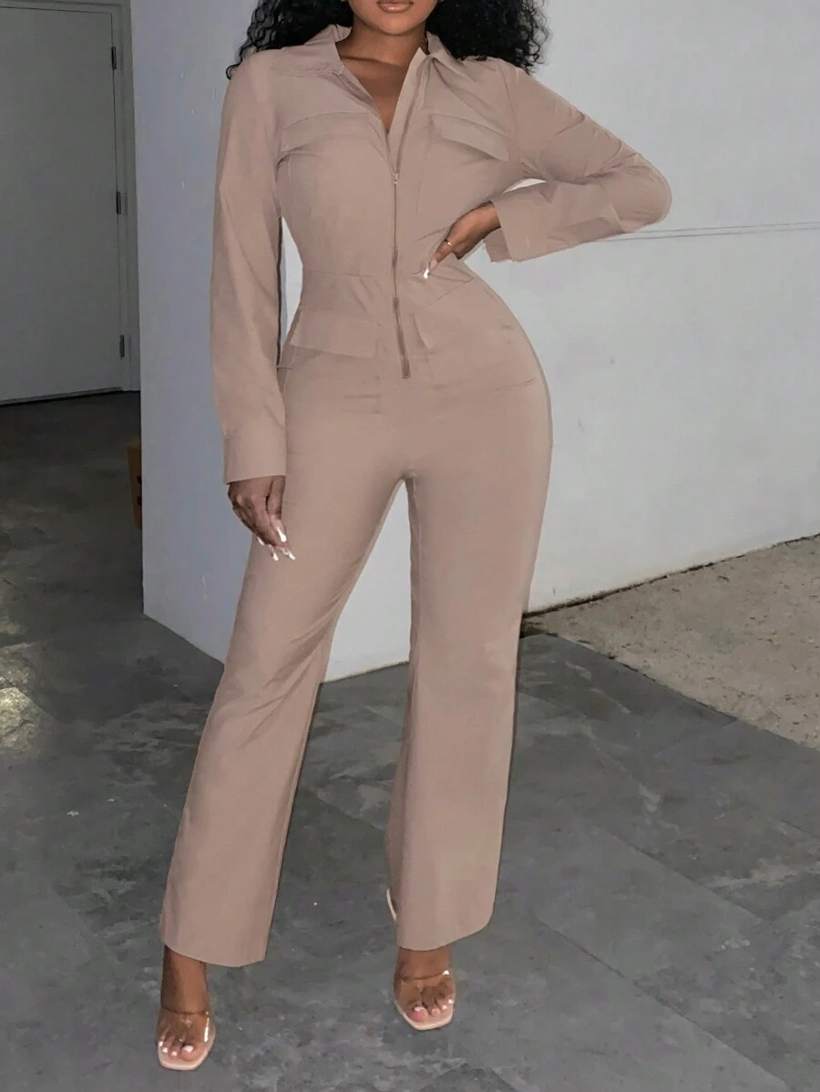 SHEIN Slayr Mono camisero unicolor con botón delantero - Caqui - Ver 1