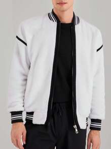 SHEIN Cottnline Men Striped Trim Drop Shoulder Bomber Jacket - Black and White - View 1
