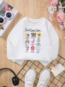 SHEIN Young Girl Cartoon & Letter Graphic Sweatshirt - White - View 1