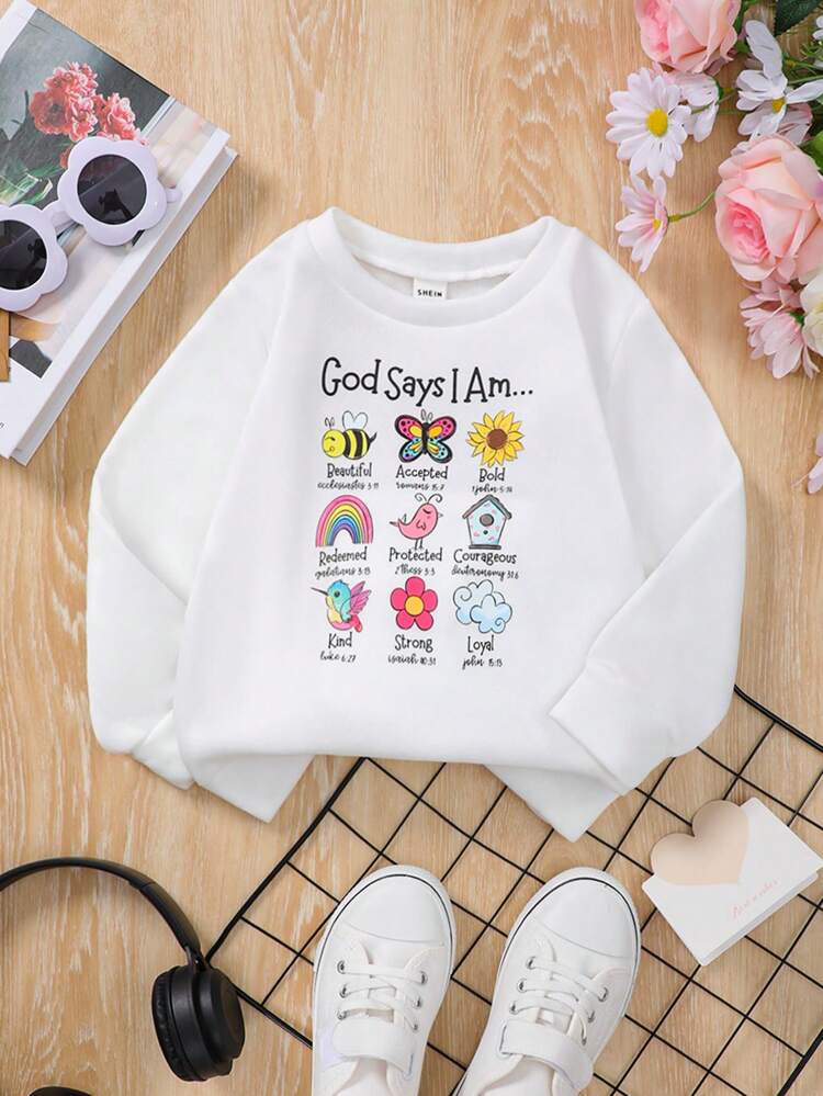 Young Girl Cartoon & Letter Graphic Sweatshirt