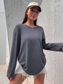 SHEIN Unity 水鑽標語圖案落肩T恤 - 灰色 - 查看 5