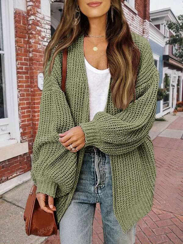 1pc Women's Solid Color Casual Long Sleeve Lantern Sleeve Knitted Cardigan, Autumn/Winter,Long Sleeve Tops