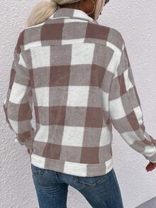 SHEIN LUNE Họa tiết kẻ sọc trâu Thả vai Flannel Áo khoác - Màu Khaki - Xem 2