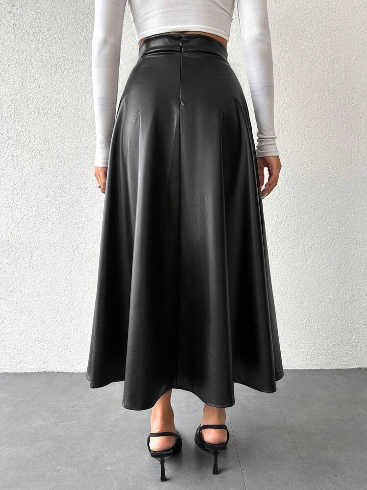 EURMUSE 女裙，PU材質，A字裙 - 黑色 - 查看 2