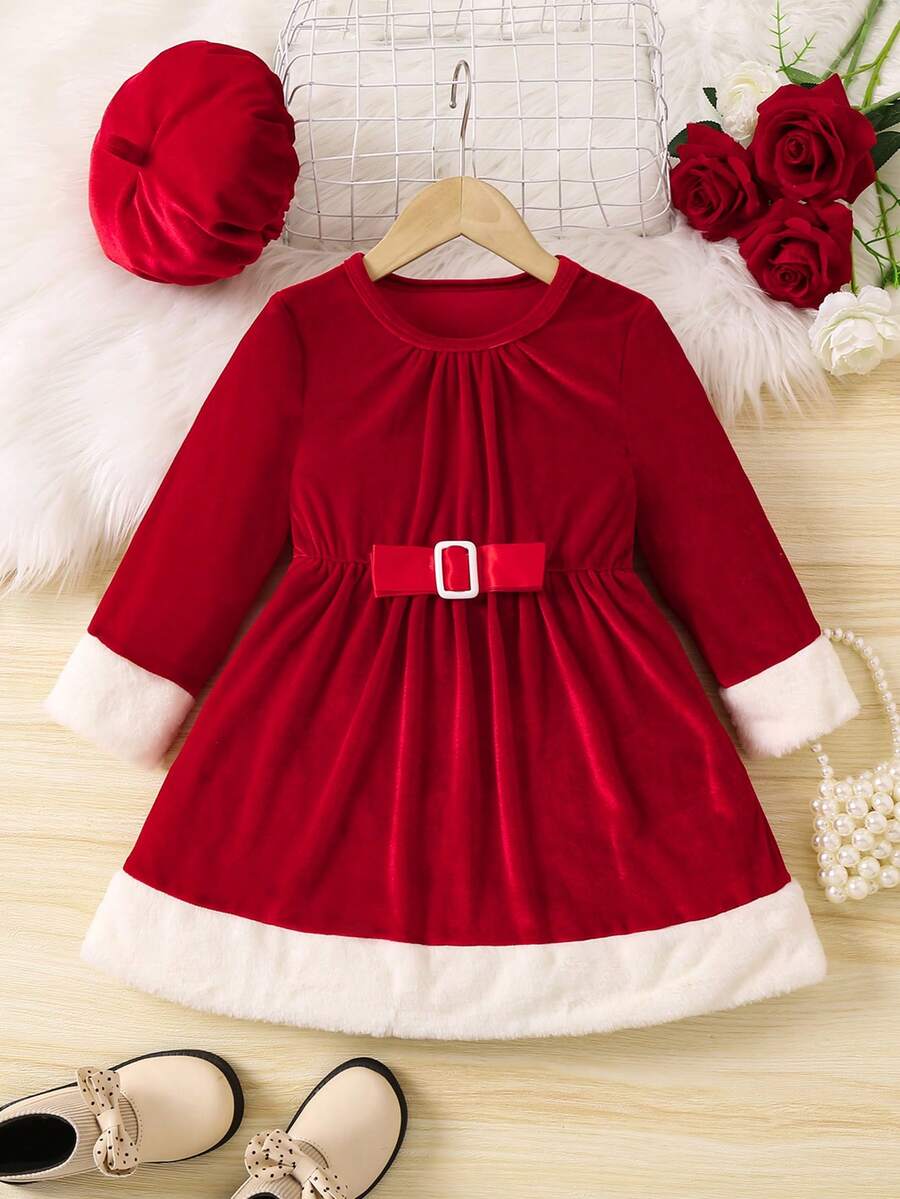 SHEIN Cô Gái Trẻ Viền tương phản Khóa Mặt trước Đầm Với mũ Đối với Giáng sinh - Đỏ - Xem 1