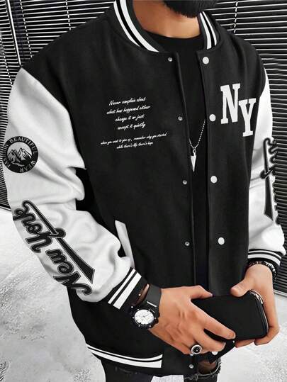 Manfinity Homme Chaqueta de béisbol universitaria de dos tonos con eslogan gráfico para hombres de talla grande, con personaje, manga larga, para salir, ropa de calle, Nueva York, color block, para el otoño