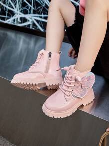 孩子們冬天鞋毛絨襯裡舒服的摩托車靴子適用於小男童和女孩,防滑軟底短靴 - 粉色 - 查看 4