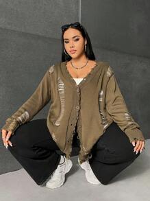 SHEIN EZwear Hơn Rách Frayed Thả vai Áo len Mở - xanh quân đội - Xem 1