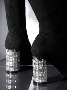 SHUZIA Minimalist Rhinestone Heeled Over The Knee Boots - Black - View 2