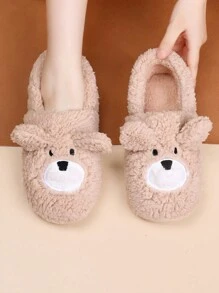 Embroidered Detail Bear Design Fuzzy Novelty Slippers - Khaki - View 1